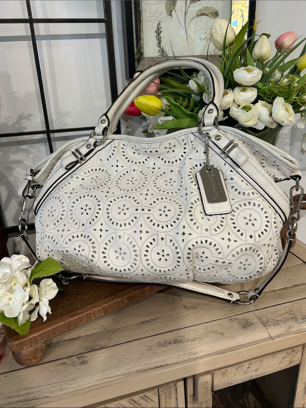Coach White Perforated Leather Shoulder Satchel